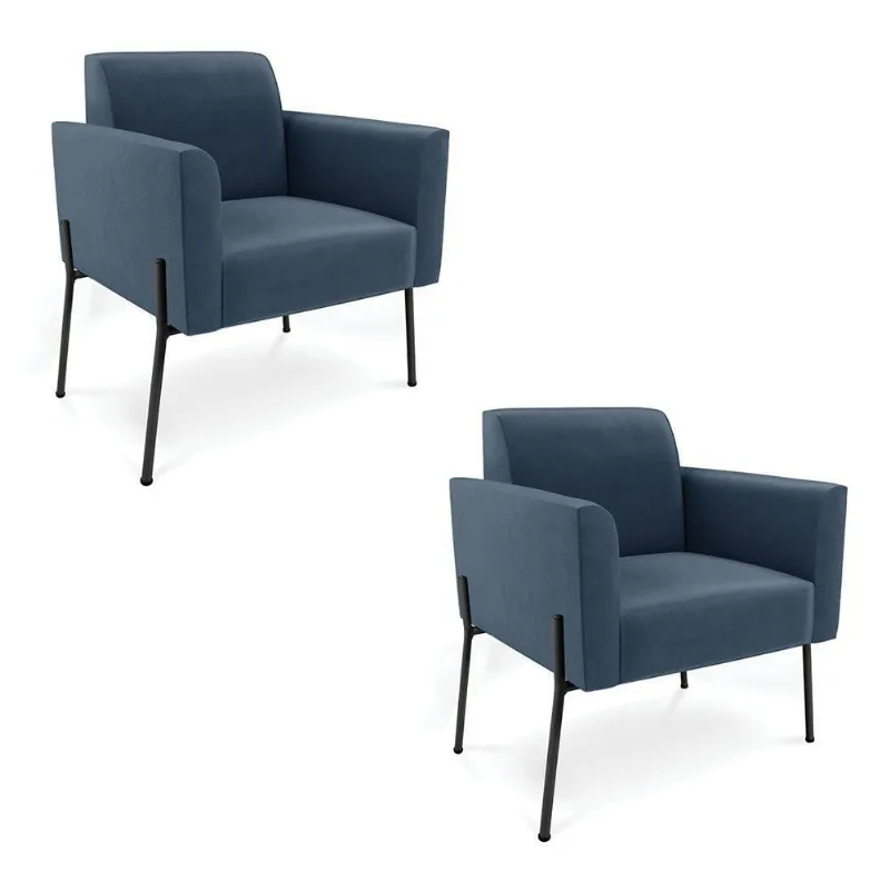 Poltrona Pé De Ferro Preto Para Sala Kit 2 Marisa Suede Azul Marinho D03 - D'rossi