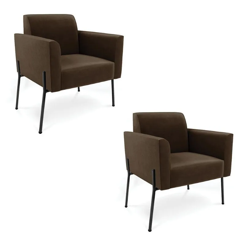 Poltrona Pé De Ferro Preto Para Sala Kit 2 Marisa Suede D03 - D'rossi Cor Marrom