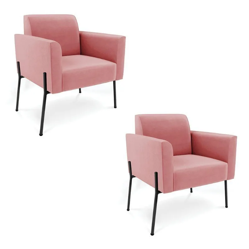 Poltrona Pé De Ferro Preto Para Sala Kit 2 Marisa Suede D03 - D'rossi Cor Rose