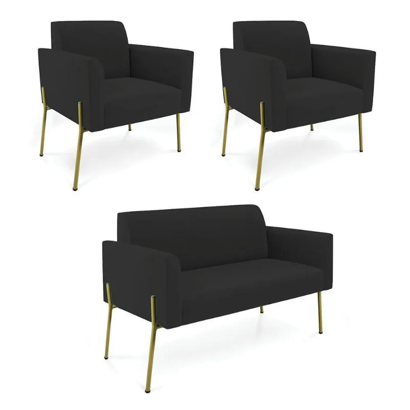 Sofá Namoradeira 2 Poltronas Pé De Ferro Dourado Marisa Veludo Preto D03