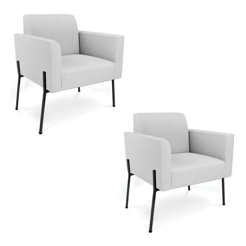Poltrona Pé De Ferro Preto Kit 2 Decorativa Marisa Linho D03 - D'rossi Cor Cinza