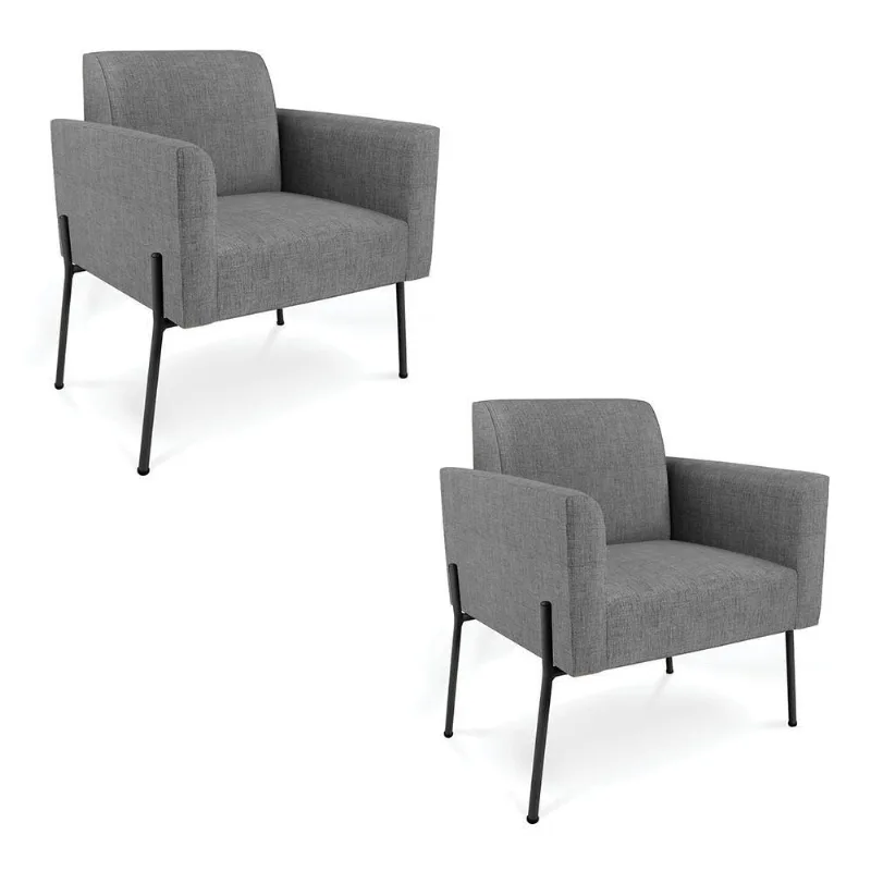 Poltrona Pé De Ferro Preto Kit 2 Decorativa Marisa Linho D03 - D'rossi Cor Grafite