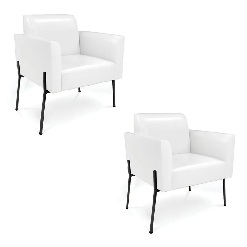 Poltrona Pé De Ferro Preto Kit 2 Para Sala Marisa Corano Branco D03 - D'rossi