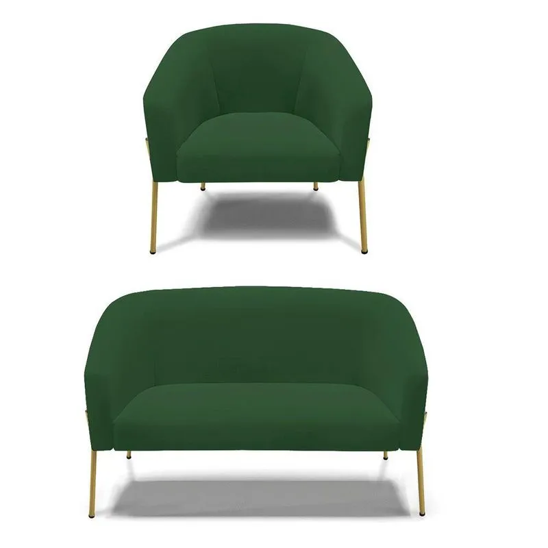 Sofá Namoradeira E Poltrona Pé De Ferro Dourado Stella Veludo Verde D03 - D'rossi
