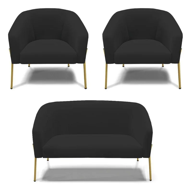 Sofá Namoradeira E 2 Poltronas Pé De Ferro Dourado Stella Veludo D03 - D'rossi Cor Preto