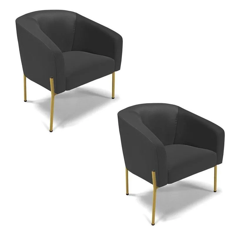 Poltrona Pé De Ferro Dourado Kit 2 Stella Corino D03 - D'rossi Cor Preto