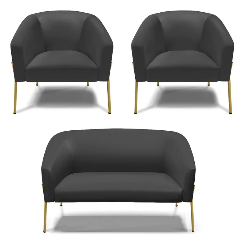 Namoradeira e 2 Poltronas Pé de Ferro Dourado Stella Sintético Preto D03 - D'Rossi