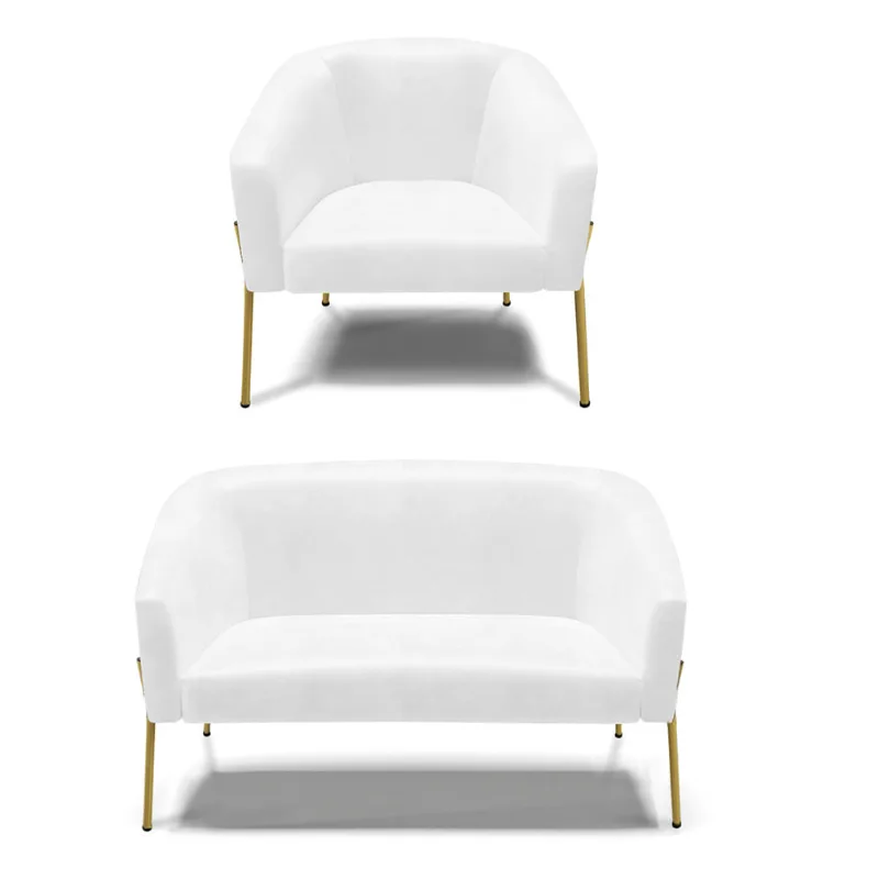 Sofá Namoradeira e Poltrona Pé de Ferro Dourado Stella Sintético PU Branco D03 - D'Rossi