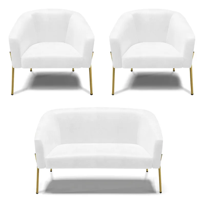Namoradeira e 2 Poltronas Pé de Ferro Dourado Stella Sintético PU Branco D03 - D'Rossi
