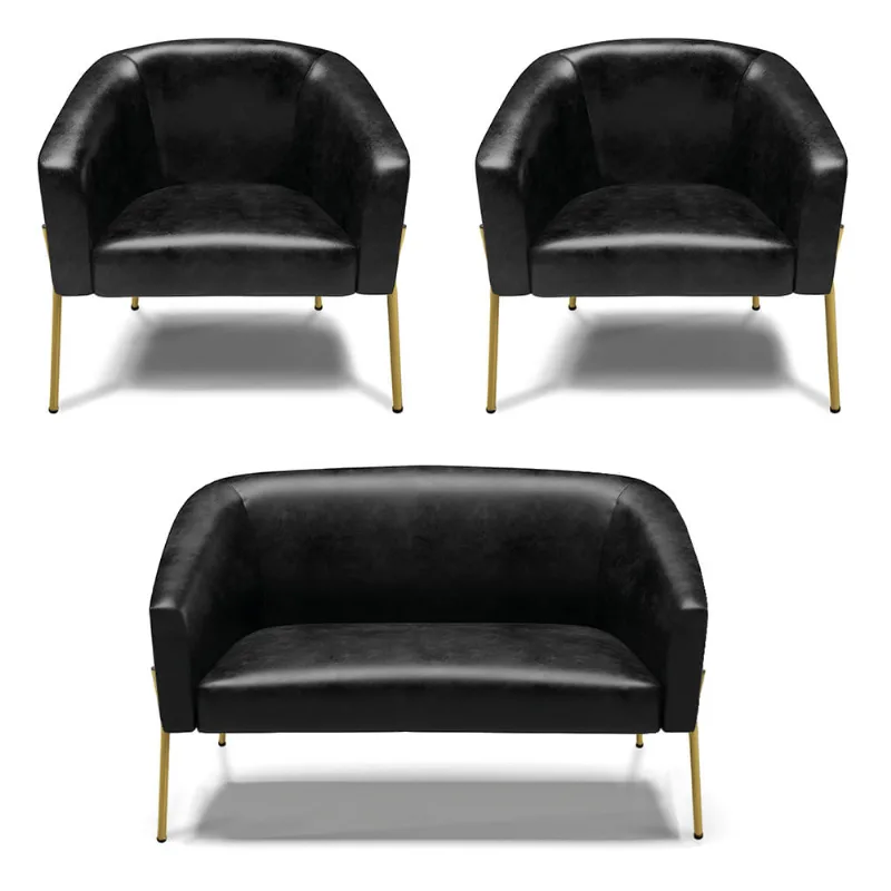 Namoradeira e 2 Poltronas Pé de Ferro Dourado Stella Sintético PU Preto D03 - D'Rossi