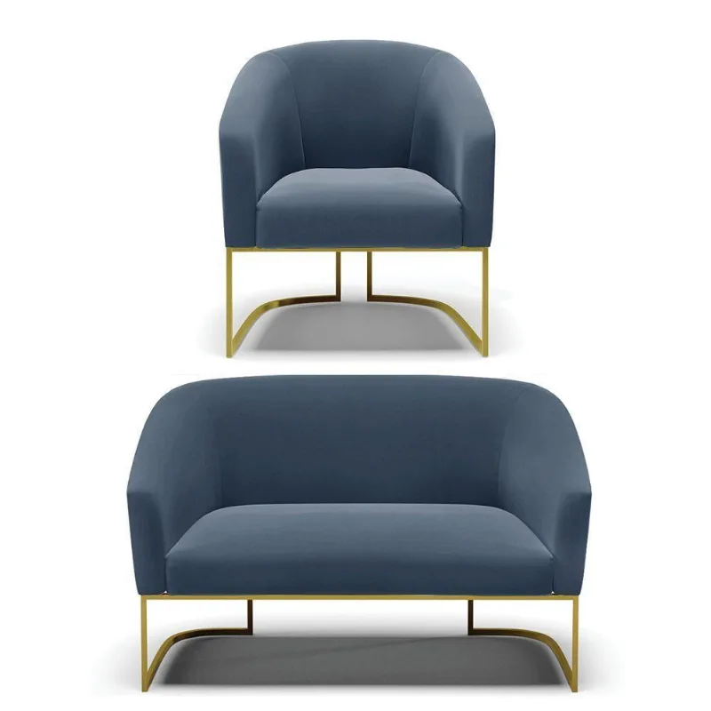 Namoradeira E Poltrona Base Industrial Dourado Stella Suede D03 - D'rossi Cor Azul Marinho