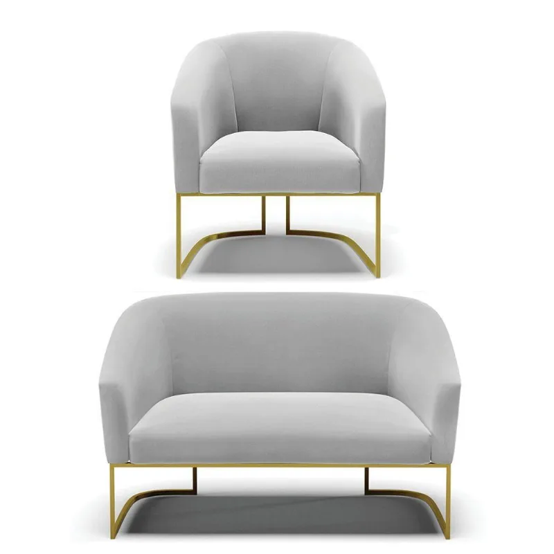 Namoradeira E Poltrona Base Industrial Dourado Stella Suede D03 - D'rossi Cor Cinza