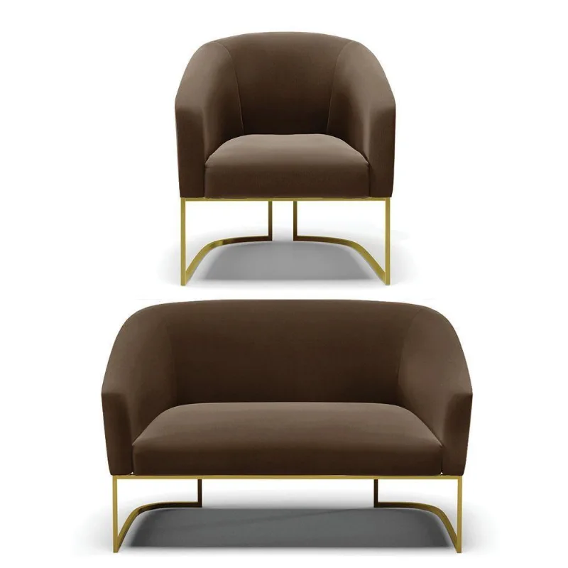 Namoradeira E Poltrona Base Industrial Dourado Stella Suede D03 - D'rossi Cor Marrom
