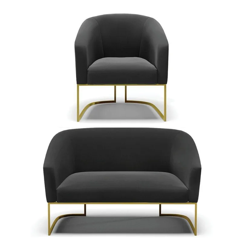 Namoradeira E Poltrona Base Industrial Dourado Stella Suede D03 - D'rossi Cor Preto