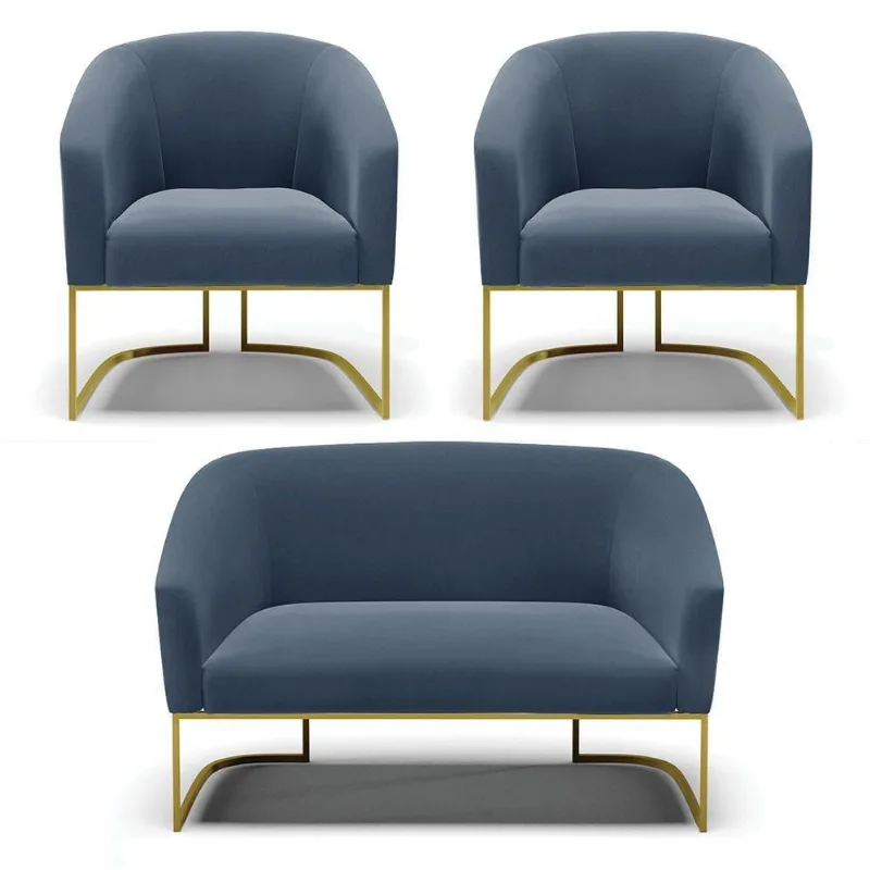 Namoradeira E 2 Poltronas Base Industrial Dourado Stella Suede D03 - D'rossi Cor Azul Marinho