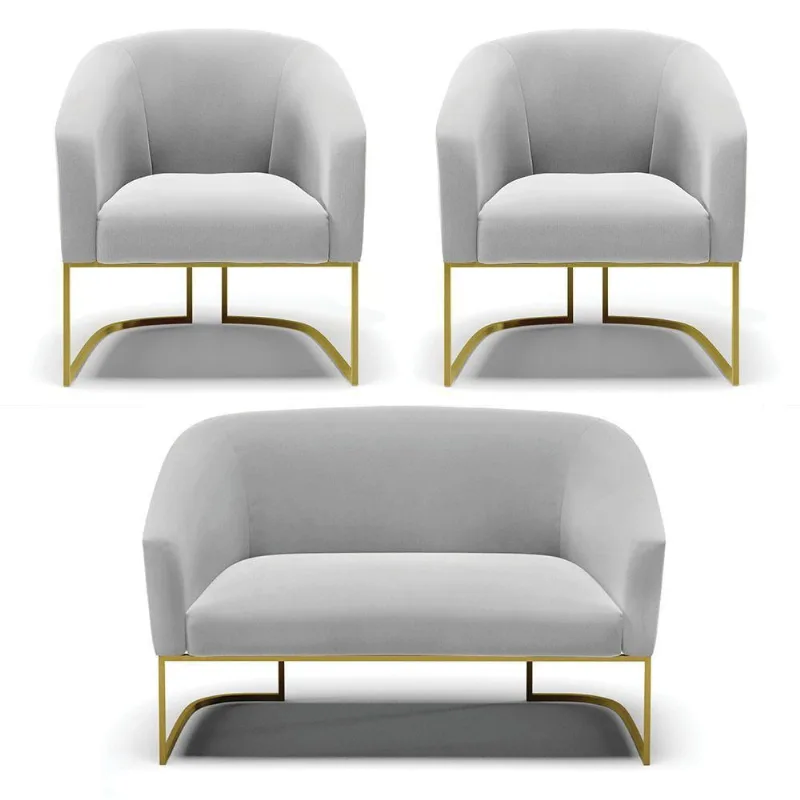 Namoradeira E 2 Poltronas Base Industrial Dourado Stella Suede D03 - D'rossi Cor Cinza