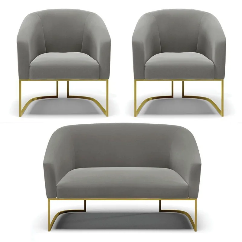 Namoradeira E 2 Poltronas Base Industrial Dourado Stella Suede D03 - D'rossi Cor Grafite