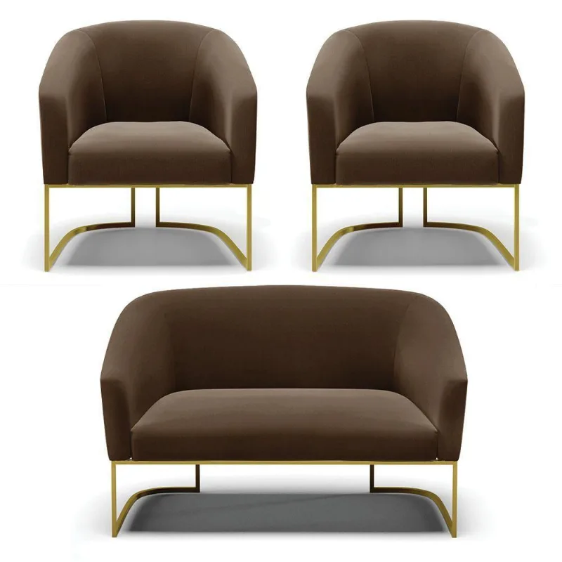Namoradeira E 2 Poltronas Base Industrial Dourado Stella Suede D03 - D'rossi Cor Marrom