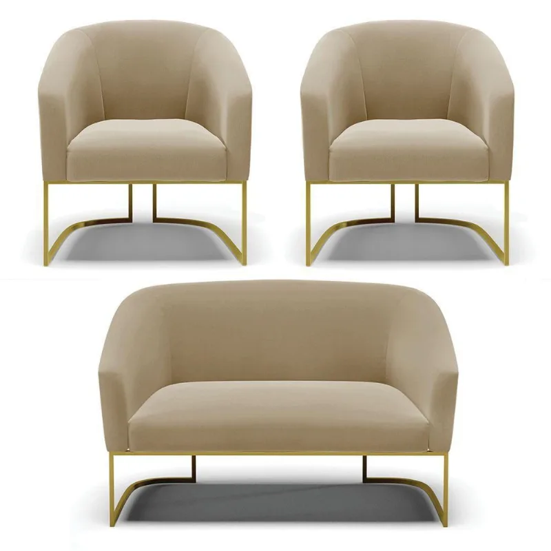 Namoradeira E 2 Poltronas Base Industrial Dourado Stella Suede D03 - D'rossi Cor Marrom Rato
