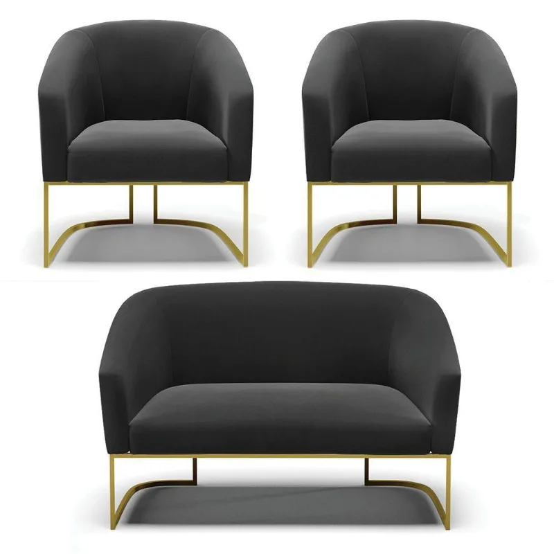 Namoradeira E 2 Poltronas Base Industrial Dourado Stella Suede D03 - D'rossi Cor Preto