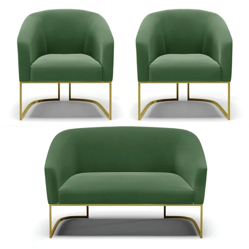 Namoradeira E 2 Poltronas Base Industrial Dourado Stella Suede D03 - D'rossi Cor Verde