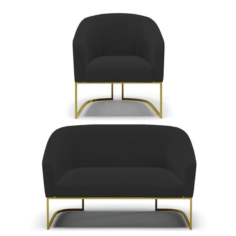 Sofá Namoradeira E Poltrona Base Industrial Dourado Stella Veludo D03 - D'rossi Cor Preto