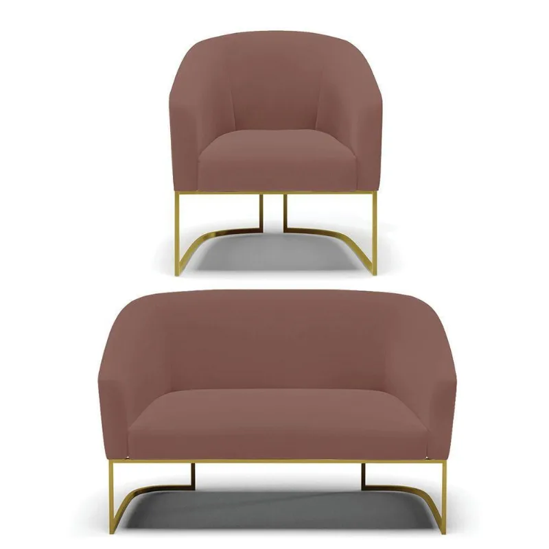 Sofá Namoradeira E Poltrona Base Industrial Dourado Stella Veludo D03 - D'rossi Cor Rose