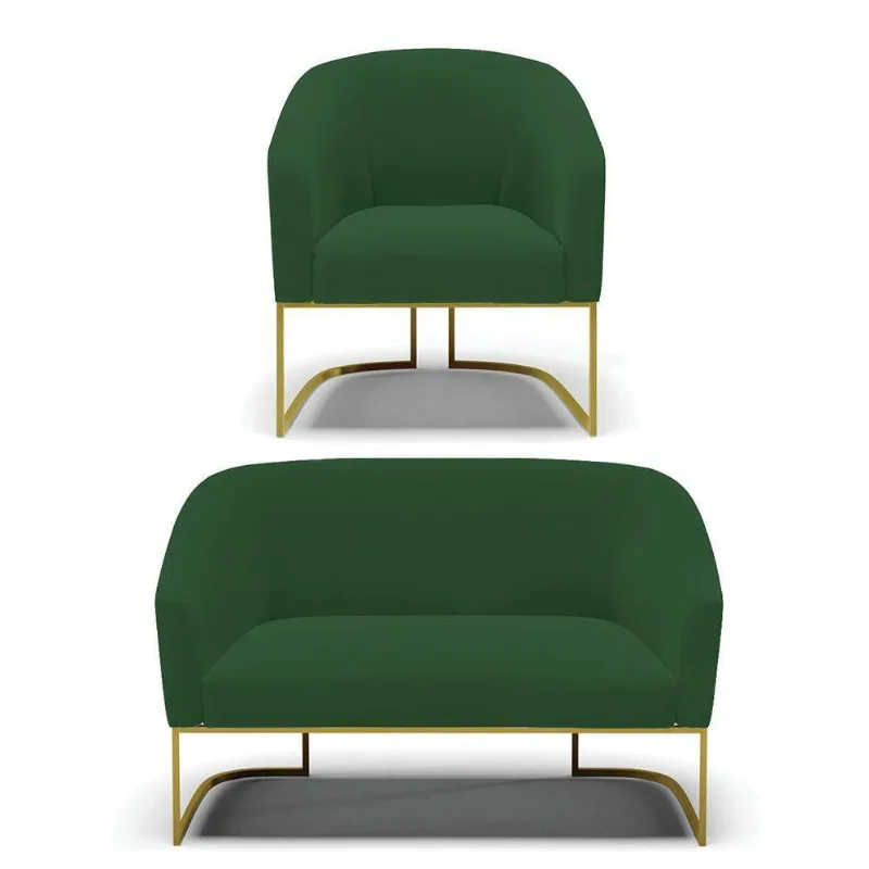 Sofá Namoradeira E Poltrona Base Industrial Dourado Stella Veludo D03 - D'rossi Cor Verde
