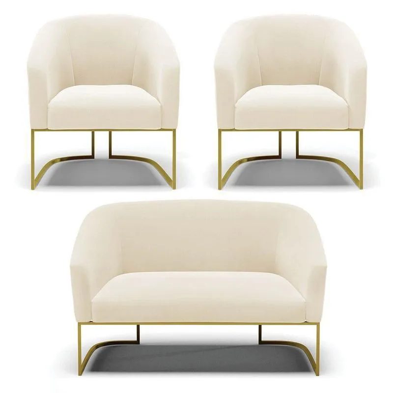 Sofá Namoradeira E 2 Poltronas Base Industrial Dourado Stella Veludo D03 - D'rossi Cor Bege
