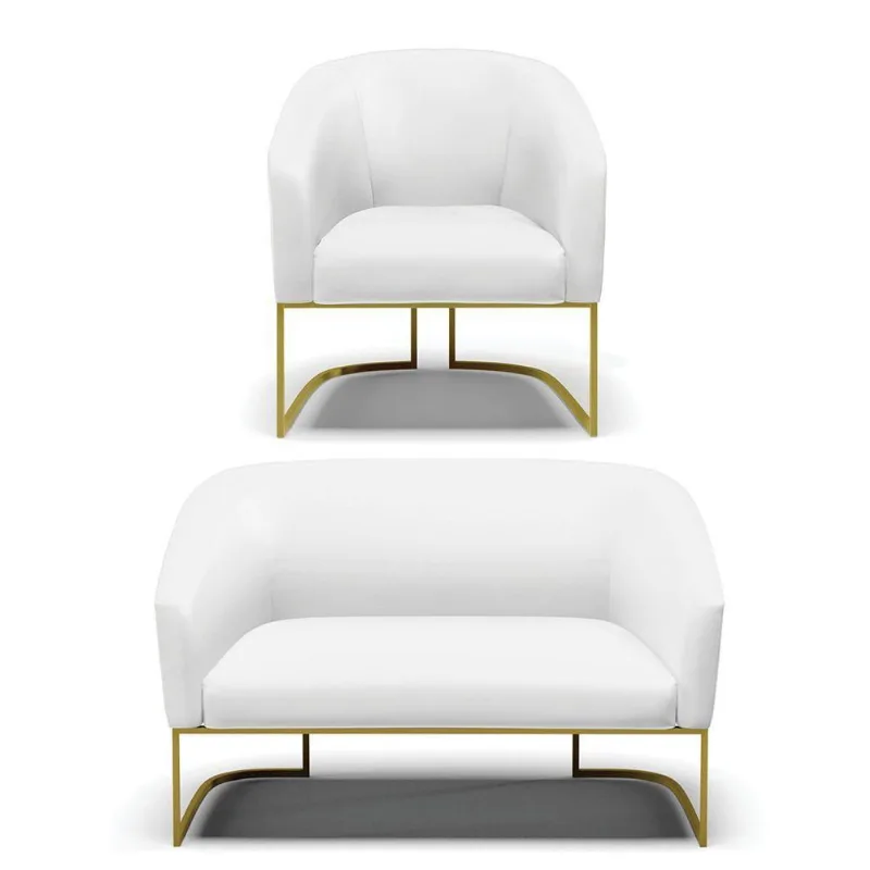 Sofá Namoradeira E Poltrona Base Industrial Dourado Stella Corino D03 - D'rossi Cor Branco