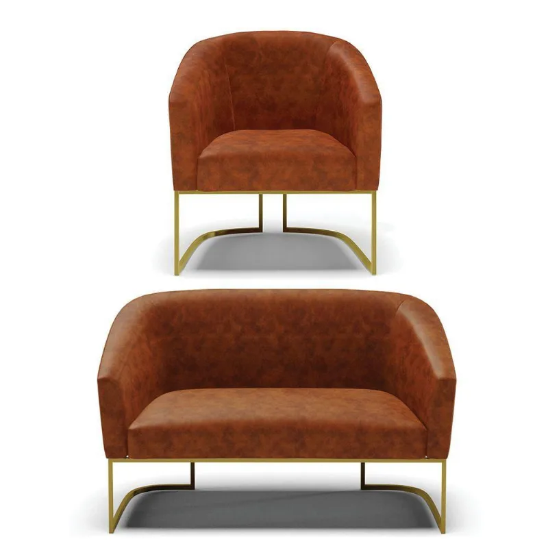 Sofá Namoradeira E Poltrona Base Industrial Dourado Stella Corano D03 - D'rossi Cor Nozes