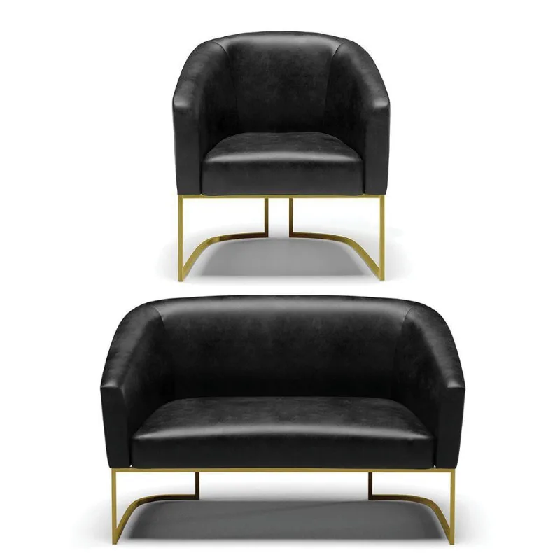 Sofá Namoradeira E Poltrona Base Industrial Dourado Stella Corano D03 - D'rossi Cor Preto