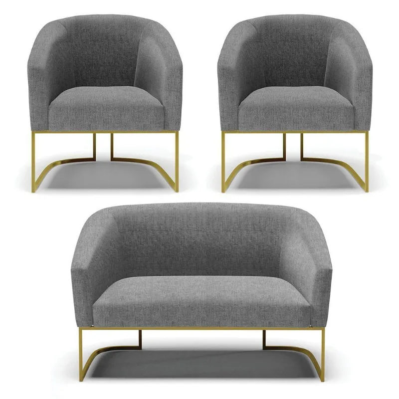Namoradeira E 2 Poltronas Base Industrial Dourado Stella Linho D03 - D'rossi Cor A26 Grafite