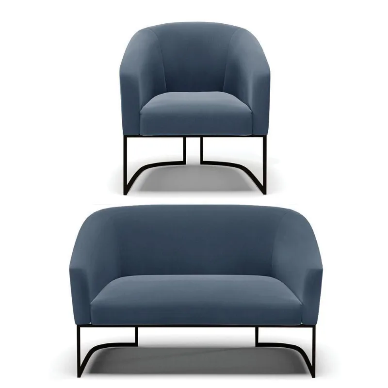 Sofá Namoradeira E Poltrona Base Industrial Preto Stella Suede D03 - D'rossi Cor Azul Marinho