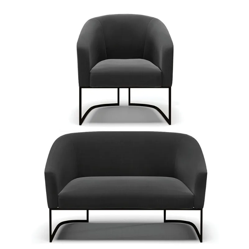 Sofá Namoradeira E Poltrona Base Industrial Preto Stella Suede D03 - D'rossi Cor Preto