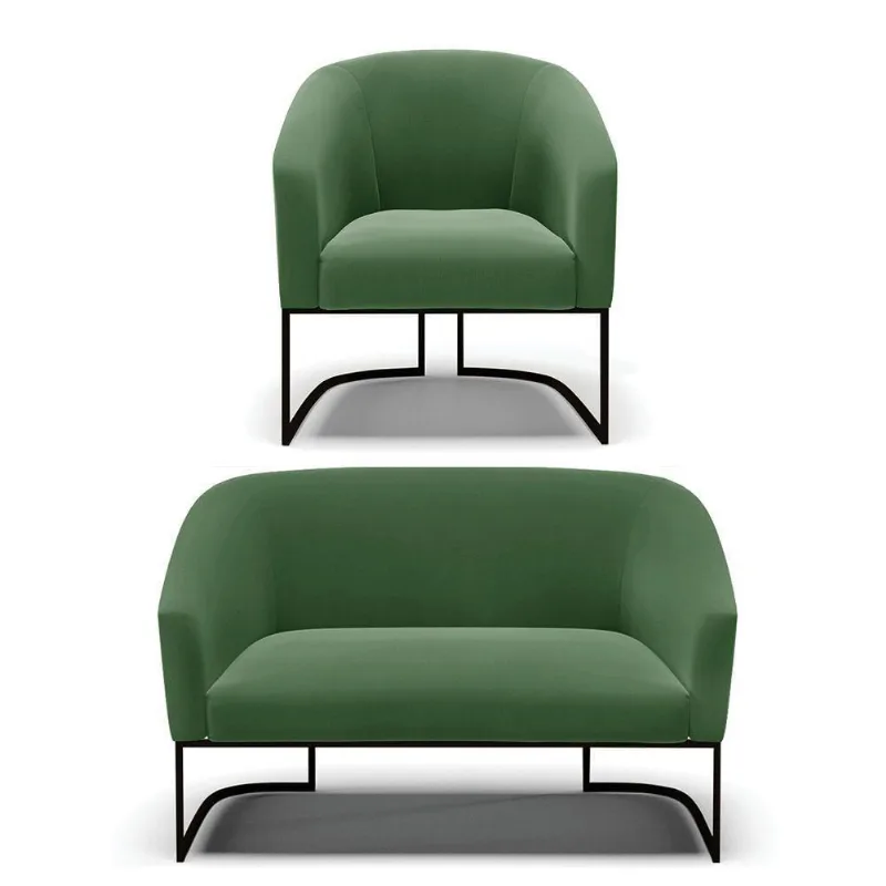 Sofá Namoradeira E Poltrona Base Industrial Preto Stella Suede D03 - D'rossi Cor Verde