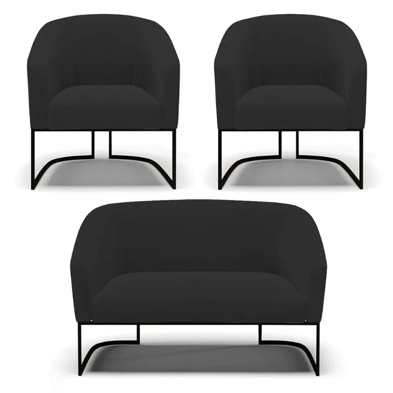 Sofá Namoradeira E 2 Poltronas Base Industrial Preto Stella Veludo D03 - D'rossi Cor Preto