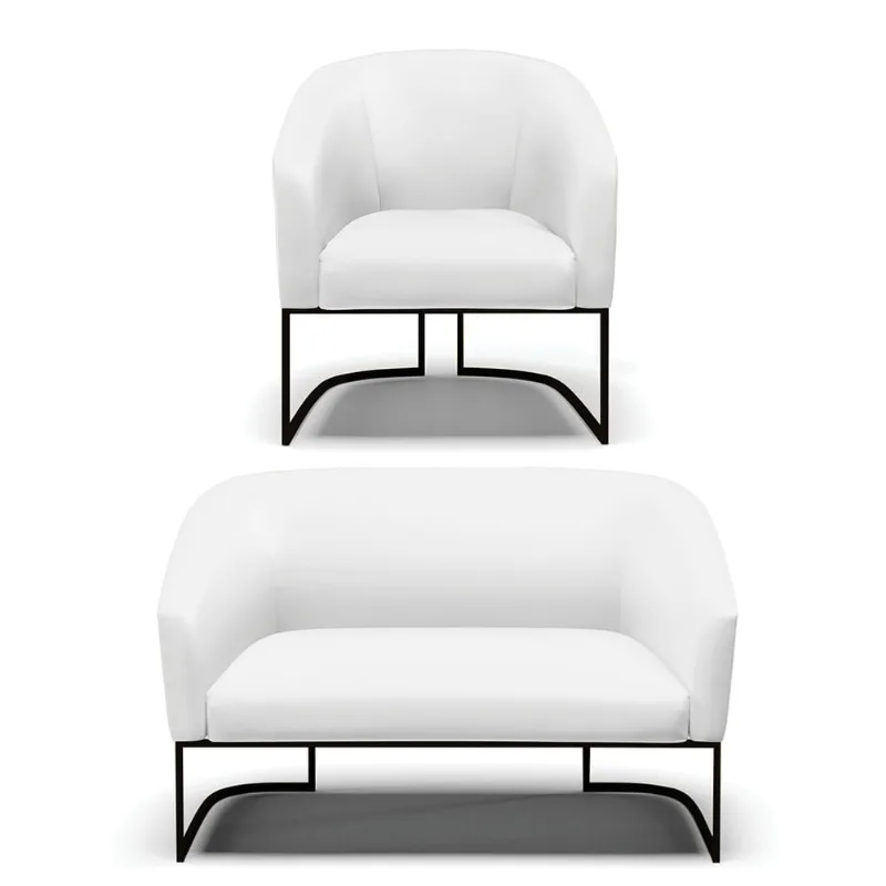 Sofá Namoradeira e Poltrona Base Industrial Preto Stella Corino D03 - D'Rossi Branco
