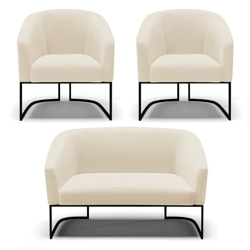 Namoradeira e 2 Poltronas Industrial Preto Stella Linho D03 - D'Rossi A19 Bege
