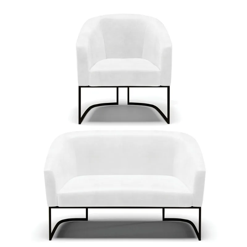Sofá Namoradeira e Poltrona Base Industrial Preto Stella Sintético PU D03 - D'Rossi Branco