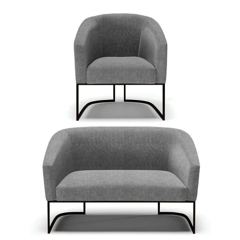 Sofá Namoradeira E Poltrona Base Industrial Preto Stella Linho D03 - D'rossi Cor A26 Gafite