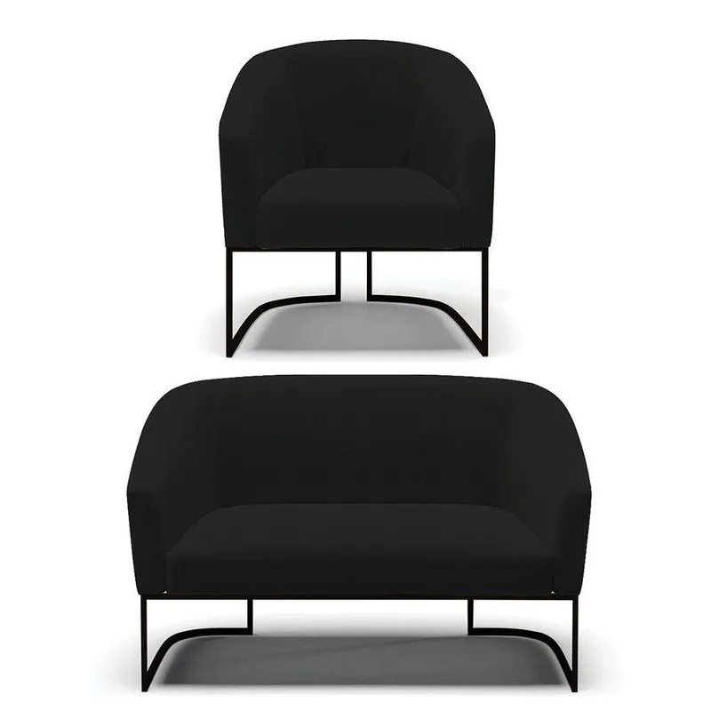 Sofá Namoradeira E Poltrona Base Industrial Preto Stella Linho D03 - D'rossi Cor A79 Preto