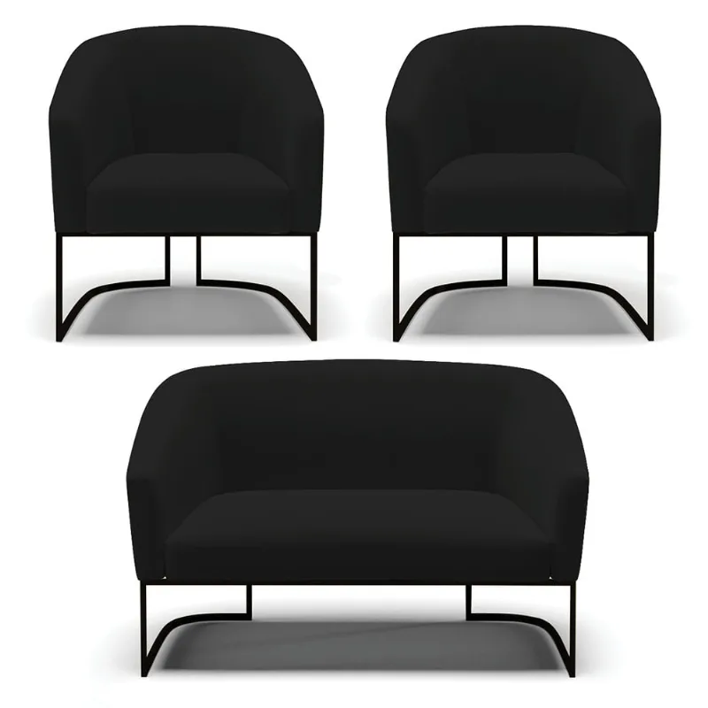 Namoradeira e 2 Poltronas Industrial Preto Stella Linho D03 - D'Rossi A79 Preto