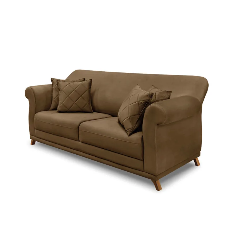 Sofá 3 Lugares Pé de Madeira Julieta 220 cm Suede Caramelo S04 - D'Rossi