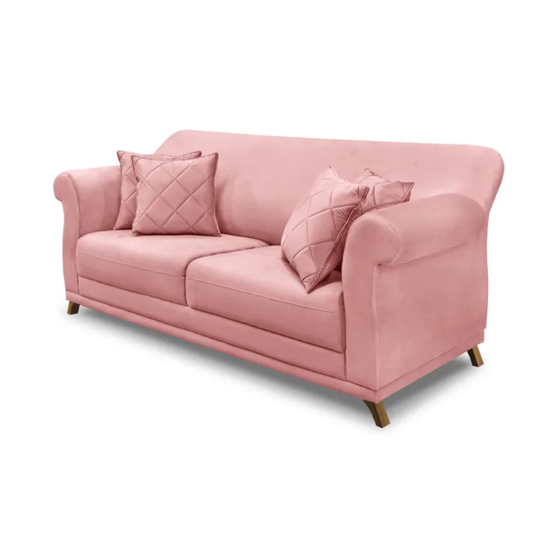 Sofá 3 Lugares Pé de Madeira Julieta 200 cm Veludo Rosa S04 - D'Rossi