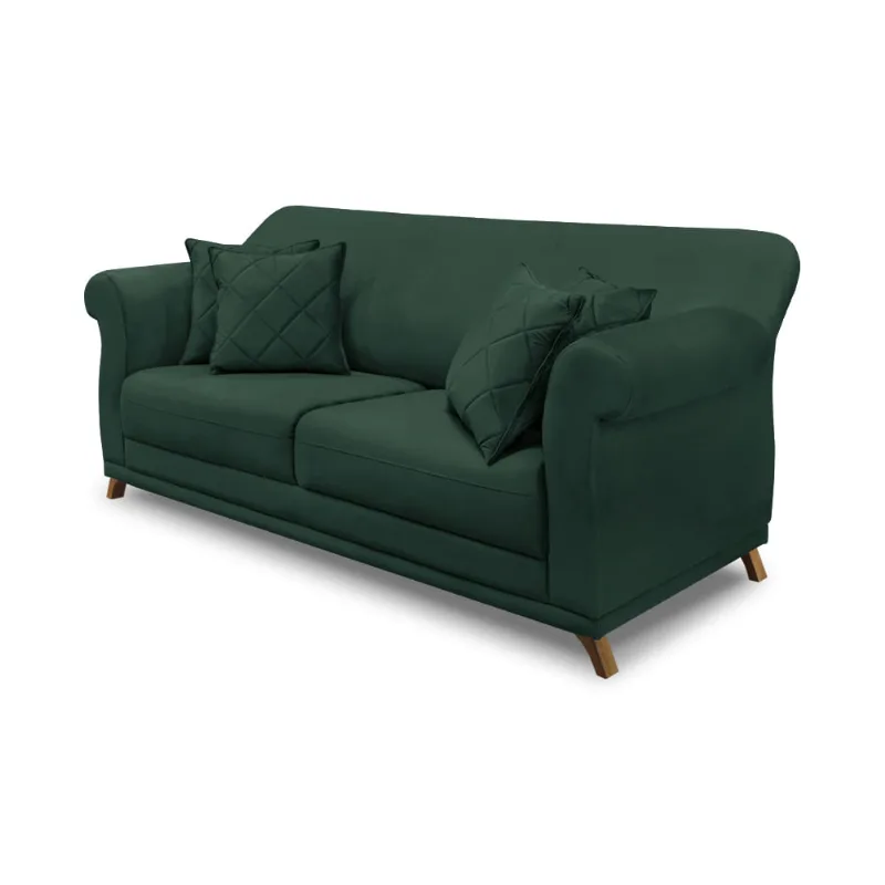 Sofá 3 Lugares Pé de Madeira Julieta 220 cm Veludo Verde S04 - D'Rossi