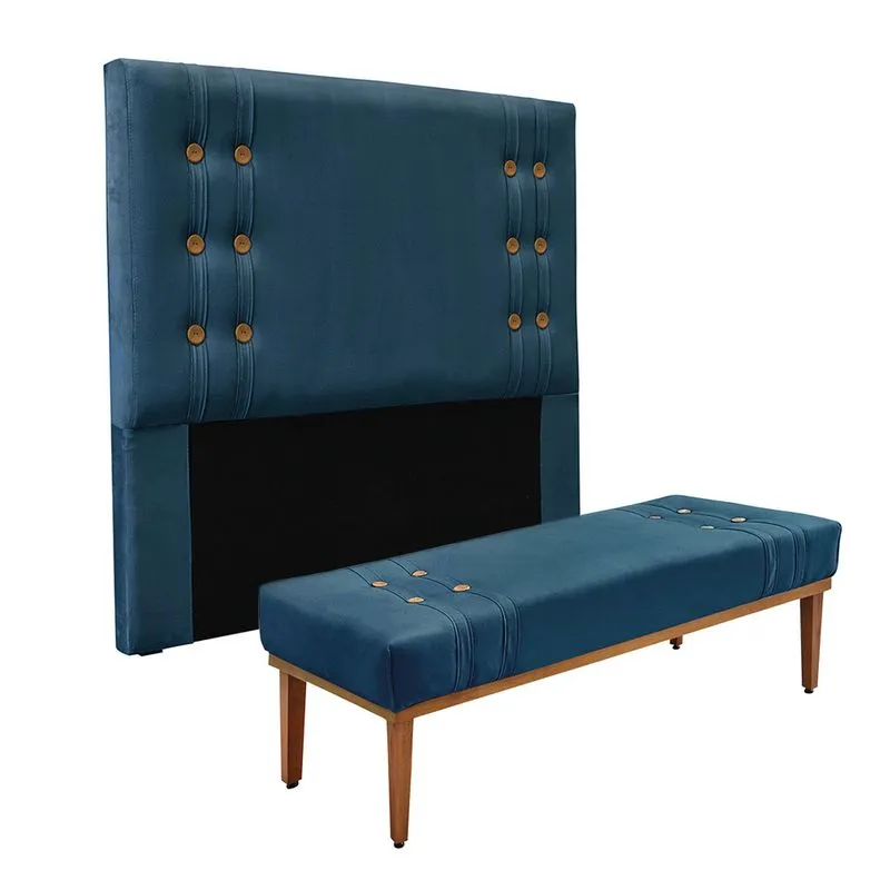 Cabeceira Cama Box Solteiro 90cm e Recamier Gênova Veludo Azul Marinho S04 - D'Rossi
