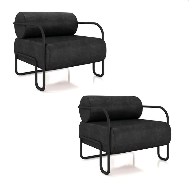 Poltrona Sala De Estar Industrial Preto Kit 2 Ameli Sintético Pu K01 - D'rossi Cor Preto