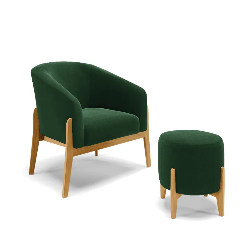Poltrona e Puff Decorativo Base Madeira Stella Bouclê P01 - D'Rossi Verde