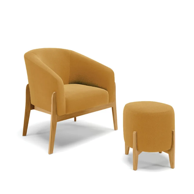 Poltrona e Puff Decorativo Base Madeira Stella Bouclê P01 - D'Rossi Mostarda